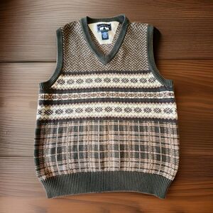 Vtg Woods & Gray Fair Isle Sweater Vest Hunter Green Brown Tan Sz Lg 1990s